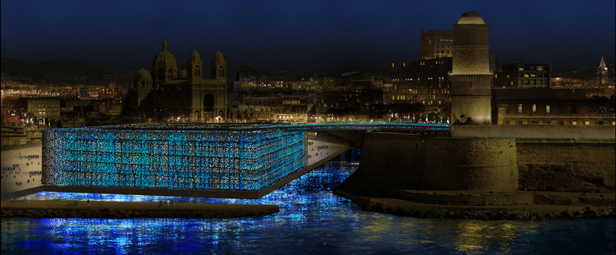Simulation de nuit depuis le Pharo, 16 fevrier 2012 - Mer-Veille, MuCEM, Marseille, France © Yann Kersalé, AIK
