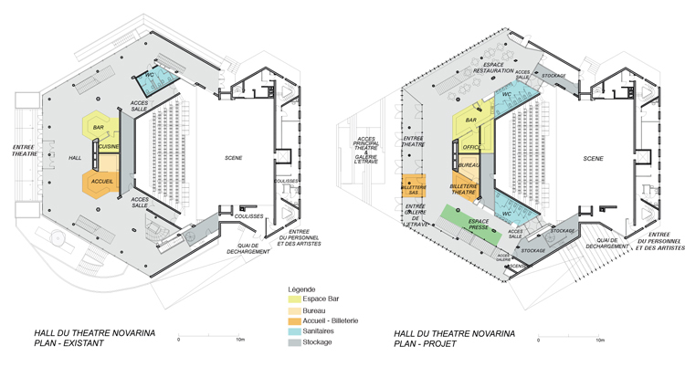Plan avant et après rénovation - Théâtre Novarina, Thonon-les-Bains, France © WIMM architectes