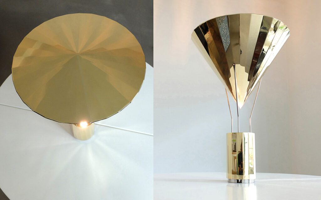 La gloriette, lampe à posée en laiton poli brillant - Vue de face et de dessus - Design et photo : RICH