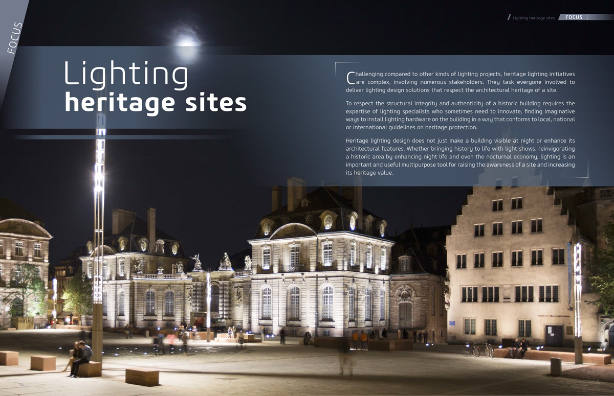 "Eclairage des sites patrimoniaux" - Photo Place du Château, Strasbourg, L'Acte Lumière - Cities & Lighting, LUCI network magazine, n°3, Avril 2015