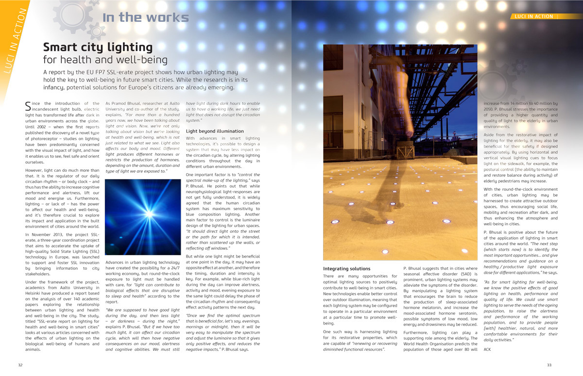 "Eclairage de la ville intelligente pour la santé et le bien-être" - Cities & Lighting, LUCI network magazine, n°3, Avril 2015