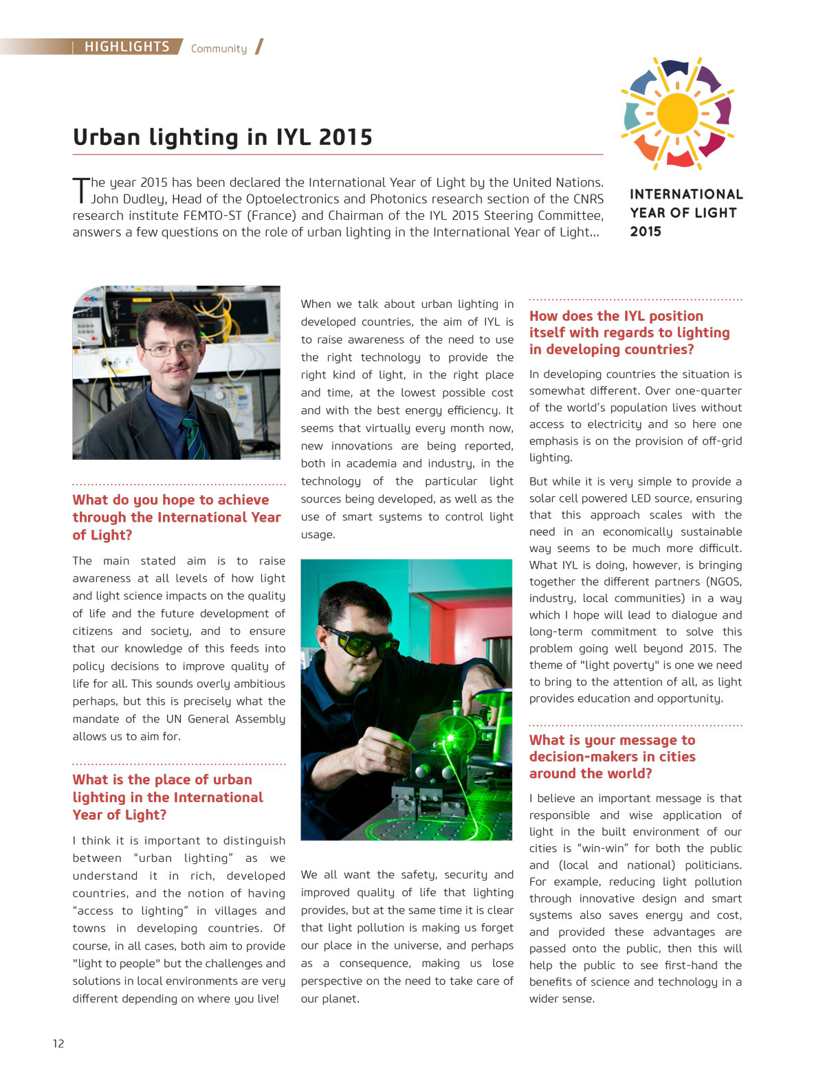 "Eclairage urbain dans l’année internationale de la lumière 2015, Interview de John Dudley - Cities & Lighting, LUCI network magazine, n°3, Avril 2015
