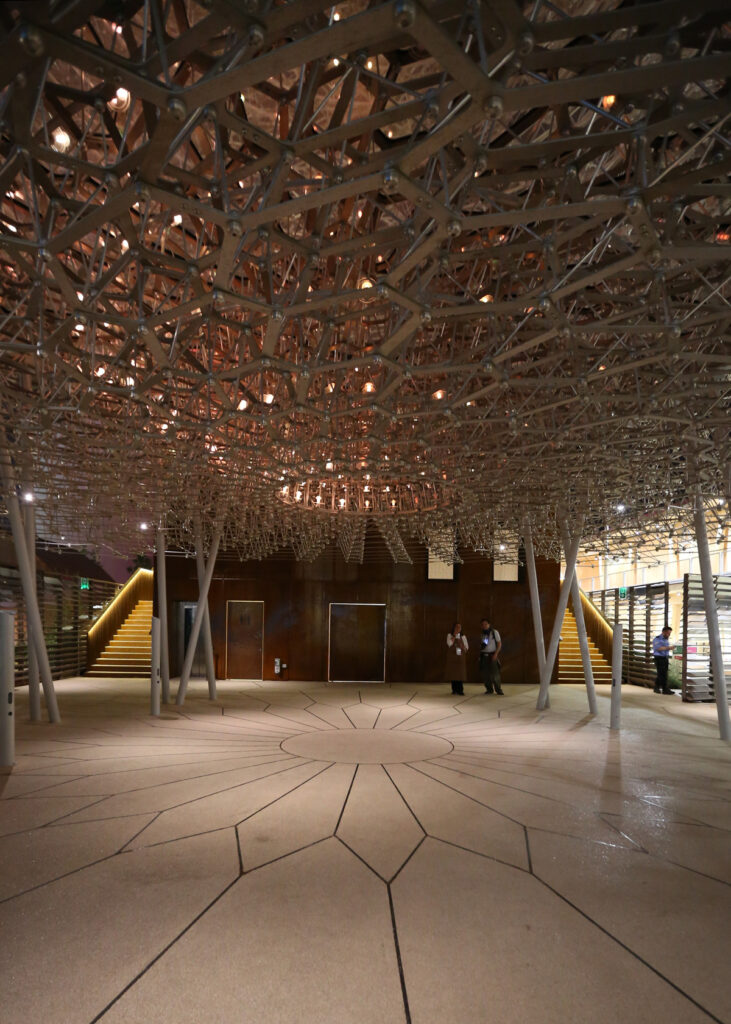 Sous la ruche, la nuit - Expo 2015, UK Pavillon, Milan, Italy - Architects BDP - Artist Wolfgang Buttress - Photo Jean-Yves Soetinck
