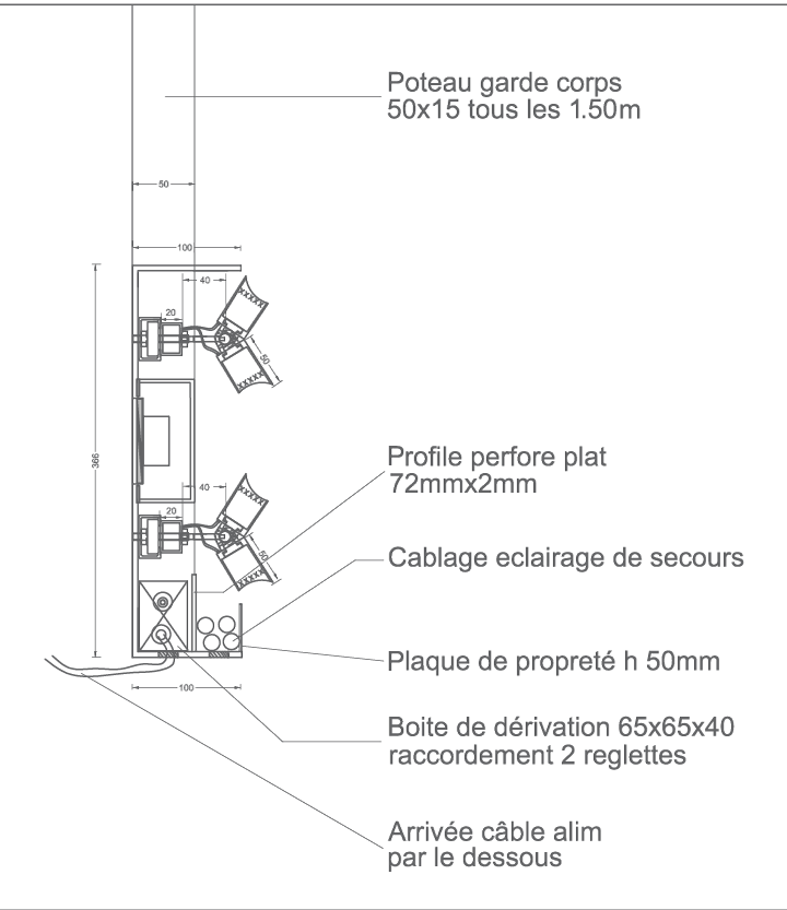 Coupe éclairage, détail d'implantation lumière sous une passerelle du fac-similé de la grotte Chauvet © Ponctuelle - Caverne du Pont d'Arc