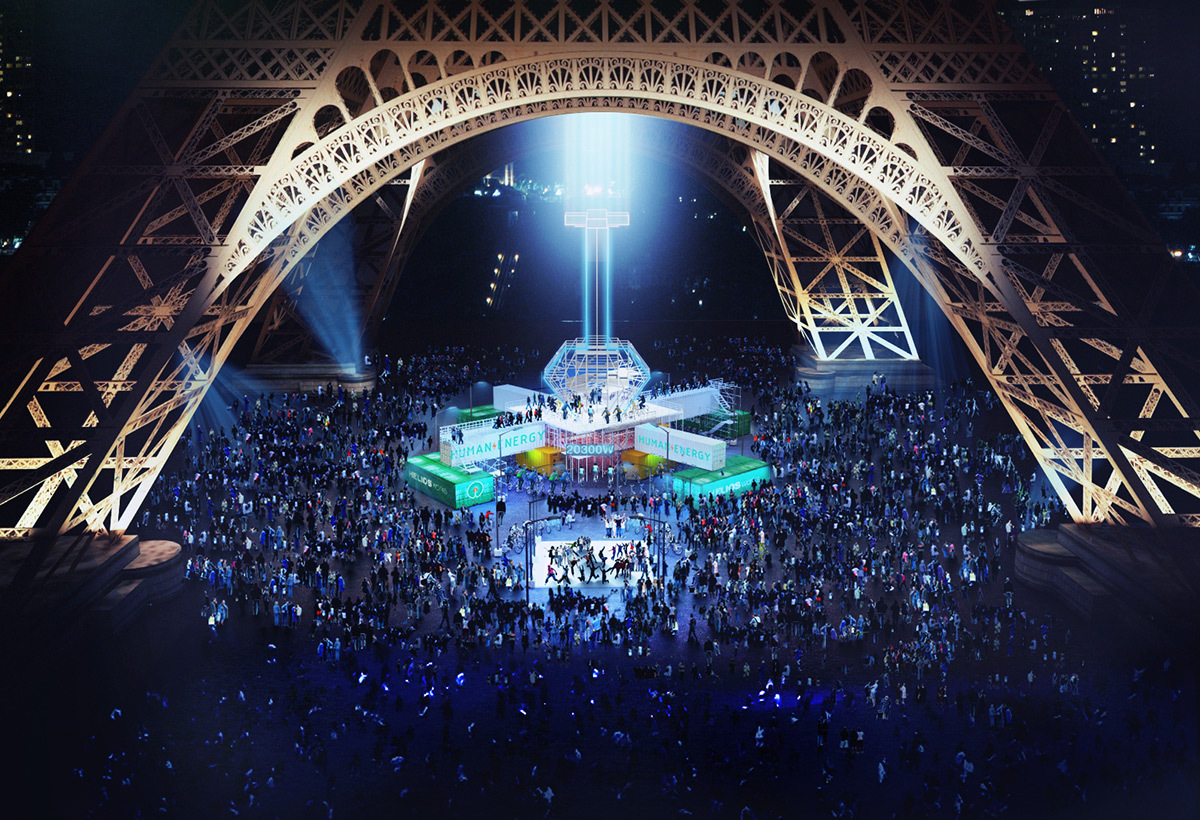 Human Energy sur la Tour Eiffel, Paris, France - Simulation du projet © artiste Yann Toma, scénographie ARTEL