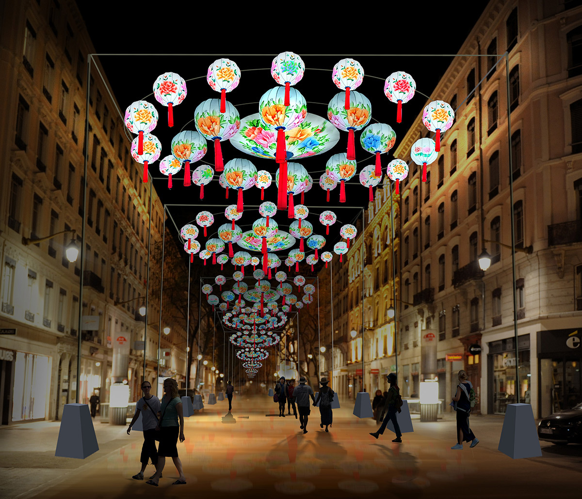 Les lanternes de Zigong - Rue de la République © Société Haitian Lantern - Simulation Fête des lumières 2015, Lyon - Simulation Fête des lumières 2015, Lyon