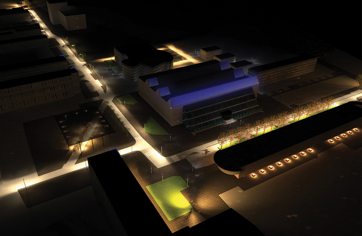 Au cœur du campus autour du Double-Mixte, la Doua, Villeurbanne - Simulation DIALux evo du projet, de la terre a la mer - Ms Eclairage Urbain 2015 - INSA de Lyon © Cyril Cahard, Christophe Tang