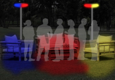 Installation spontanée sous la lumière de projecteurs de couleurs - Infographie © Jean-Baptiste Guerlesquin