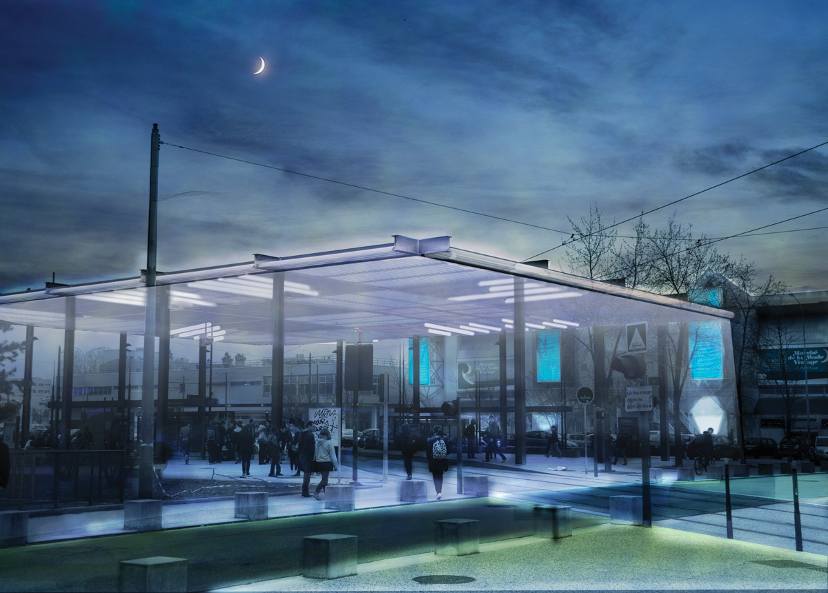 Structure métallique de la station de tramway, la Doua, Villeurbanne - Infographie du projet, lumières plurielles - Ms Eclairage Urbain 2015 - INSA de Lyon © Ibrahim Alshehad, Kien Tran, Mathias Schaal