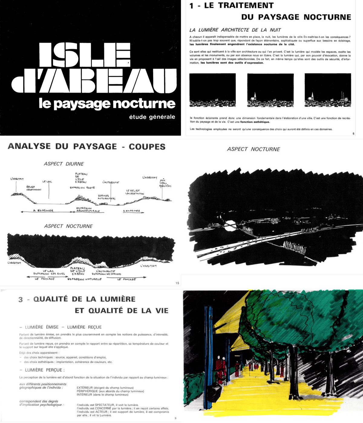 Paysage nocturne de la ville Nouvelle de l'Isle d'Abeau, 1973 - extrait des 45 pages - schémas de principe © ECA - Etudes et Création d'Ambiance - P. Arnaud et A. Weil