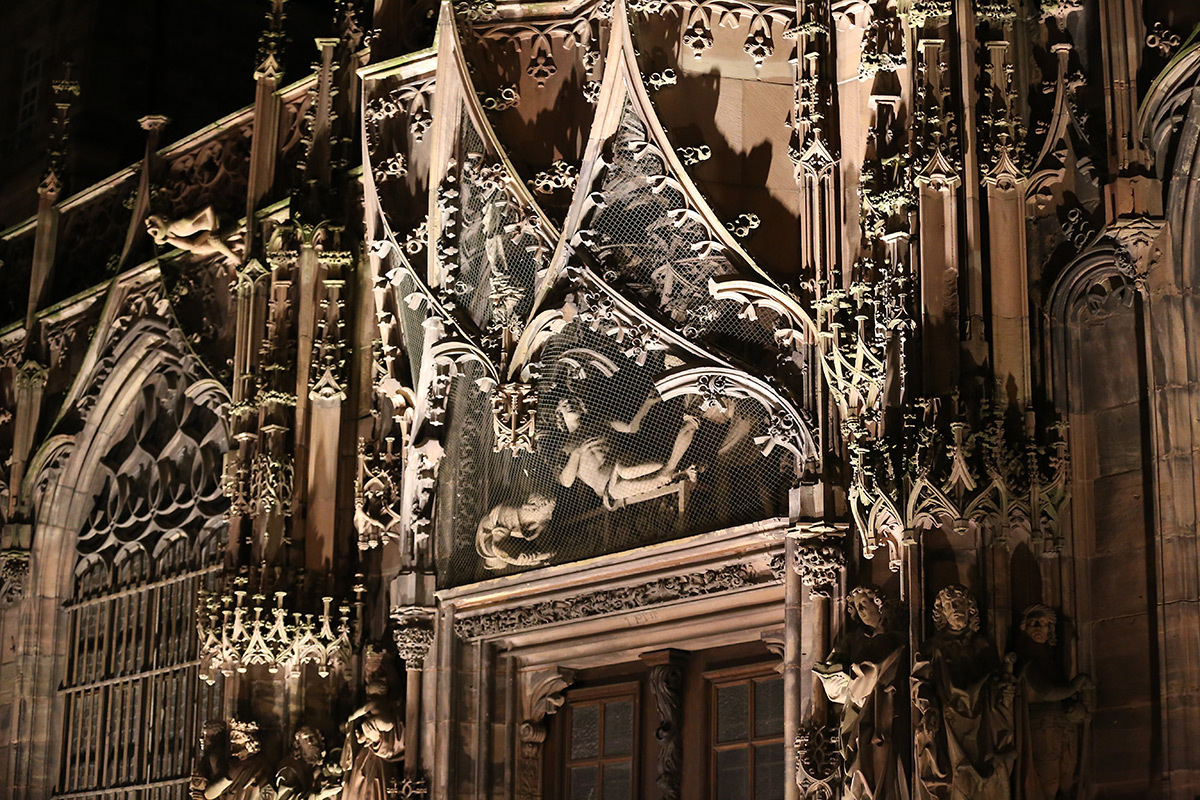 Portail Saint-Laurent, Cathédrale de Strasbourg, France - test et essai d'éclairage avec L'Acte Lumière et Citeos - 10 février 2016 - Photo : Vincent Laganier