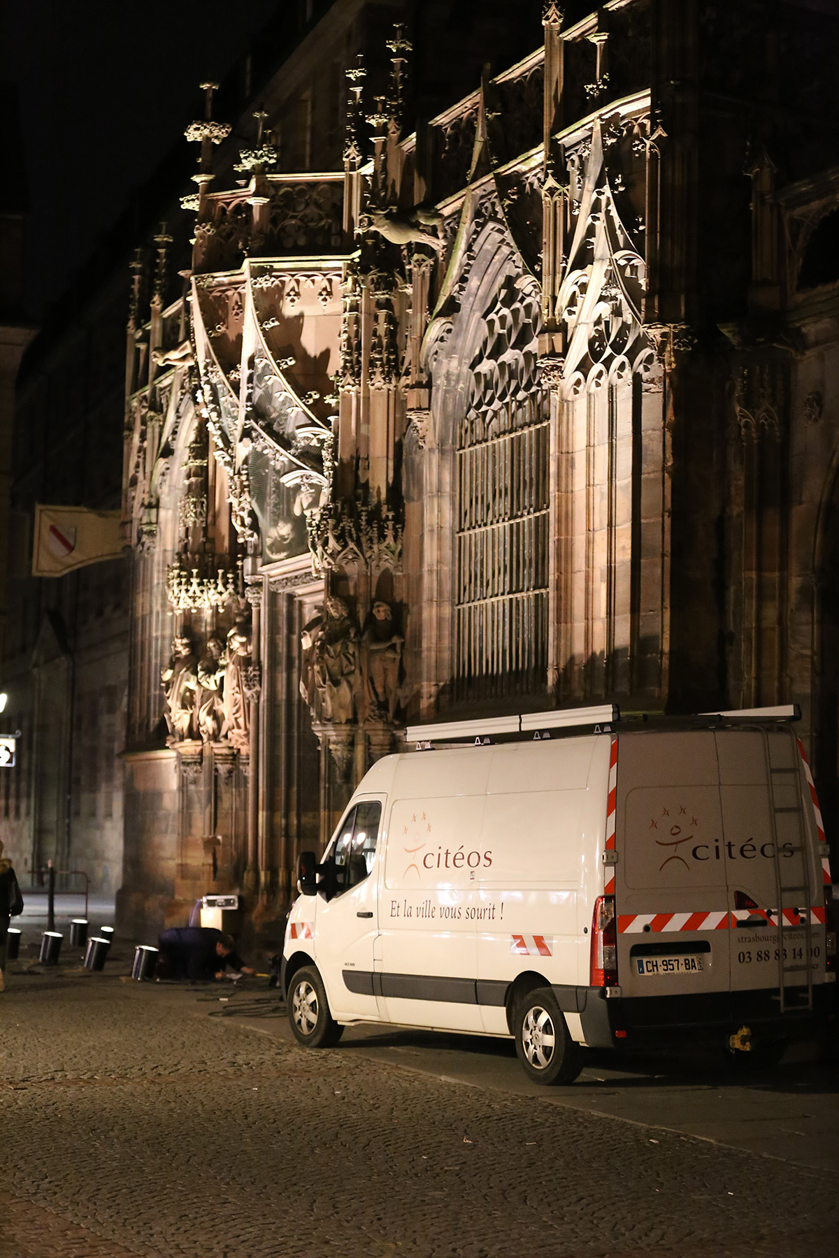 Cathédrale de Strasbourg, France - test et essai d'éclairage avec L'Acte Lumière et Citeos - 10 février 2016 - Photo : Vincent Laganier