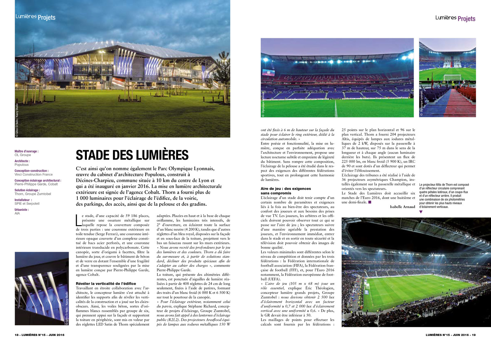 Lumières, juin 2016, No 15, PROJETS, Stade des lumières, Lyon, Parc OL, Decines Charpieu © Edition 3e Medias - photos Gilles Di Nallo, Kaory Studio et Olympique Lyonnais