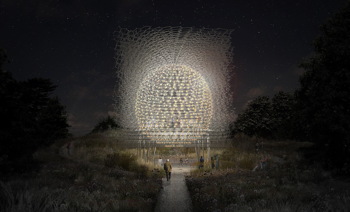Render of The Hive at Kew Gardens by night - Artiste Wolfgang Buttress