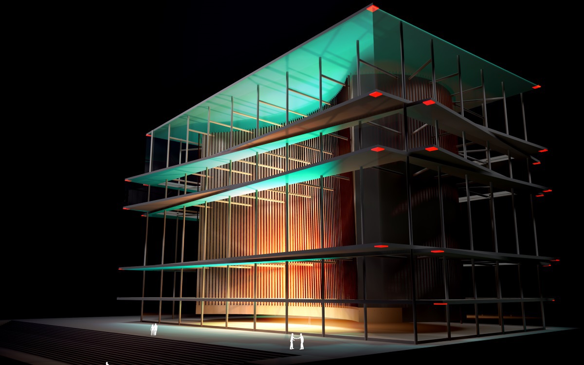 ForteBank, Astana, Kazakhstan - Simulation du concept lumineux depuis l'atrium et les angles - Conception lumière et image : Alexandre Kolinka