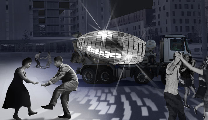 Bétonniere boule a facettes - Quartier Grolée © Benedetto - Simulation Fête des lumieres 2016, LyonBufalino et Benoit Deseille