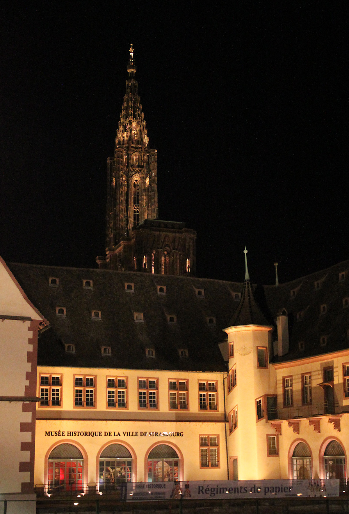 Des bords de l'Ill, quai des Bateliers - Cathédrale Notre-Dame, Strasbourg, France - mise en lumière pérenne - Conception lumière : L'Acte Lumière © Vincent Laganier