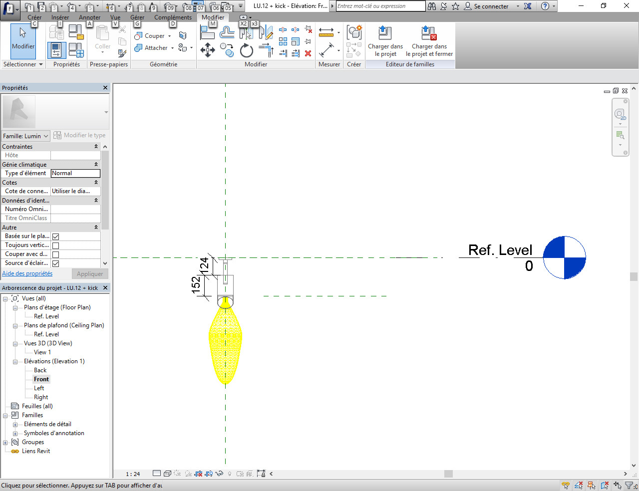 Dessin 2D du projecteur en élévation sur Revit, Autocad - ENS Cachan, Paris-Saclay, France © Cosil Peutz Lighting Design – CPLD