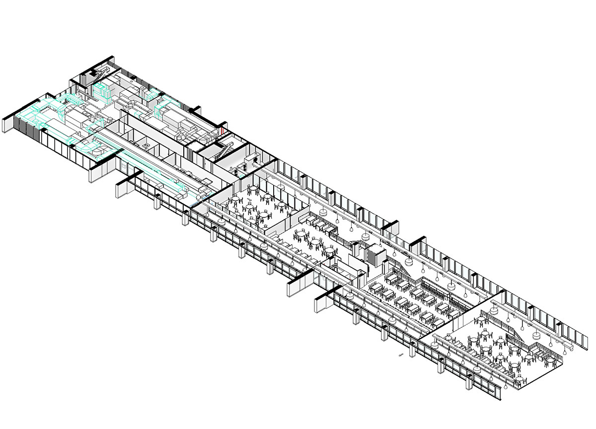 ENS Cachan, Paris-Saclay, France - Architecte : RPBW - vue en coupe axonométrie, resturant et gaines sur Revit, Autodesk © Renzo Piano Building Workshop