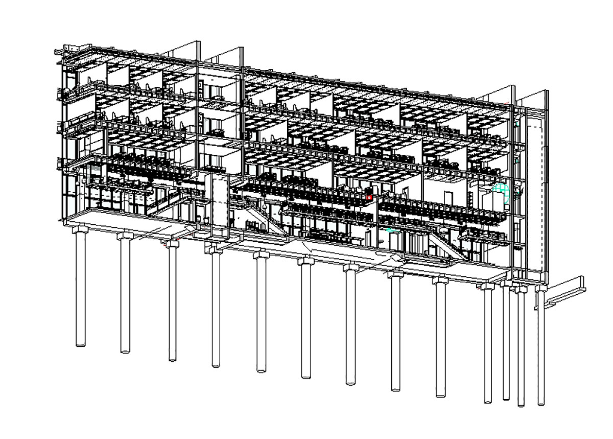 ENS Cachan, Paris-Saclay, France - Architecte : RPBW - vue en coupe axonométrie, resturant et salle de cours sur Revit, Autodesk © Renzo Piano Building Workshop