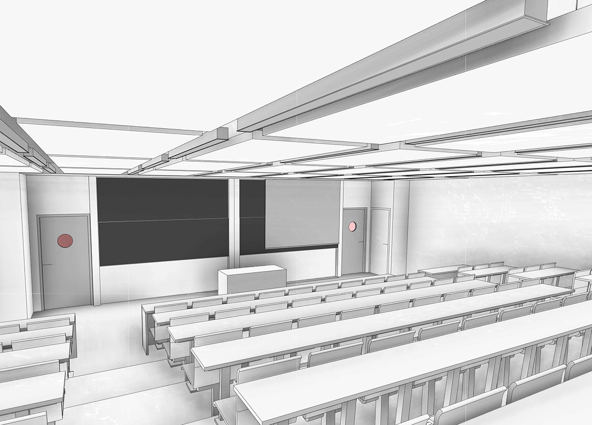 ENS Cachan, Paris-Saclay, France - Architecte : RPBW - vue en perspective 3D, implantation éclairage au plafond salle de cours © Renzo Piano Building Workshop - Cosil Peutz Lighting Design – CPLD