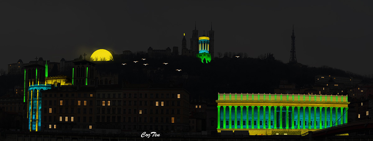 Soleil, colline de Fourvière © Philippe Cotten, CozTen - Simulation Fête des lumieres 2016, Lyon