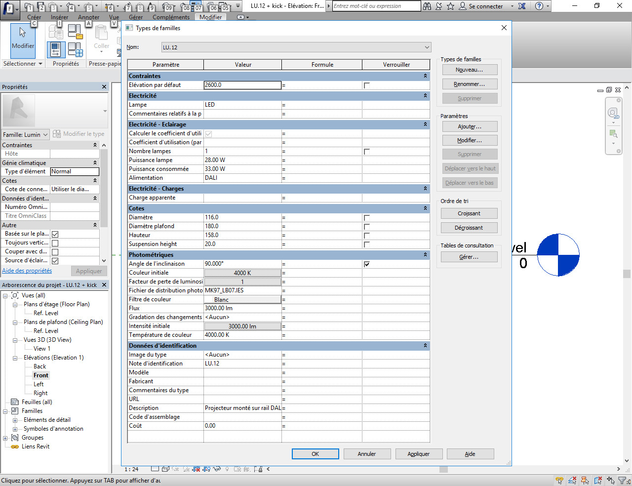 Type de familles et métadonnes du projecteur sur Revit, Autocad - ENS Cachan, Paris-Saclay, France © Cosil Peutz Lighting Design – CPLD