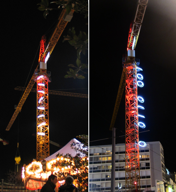 Grue chantier Eiffage, Grand Carré Jaude, Clermont-Ferrand - Conception lumière : Sylvie Sieg