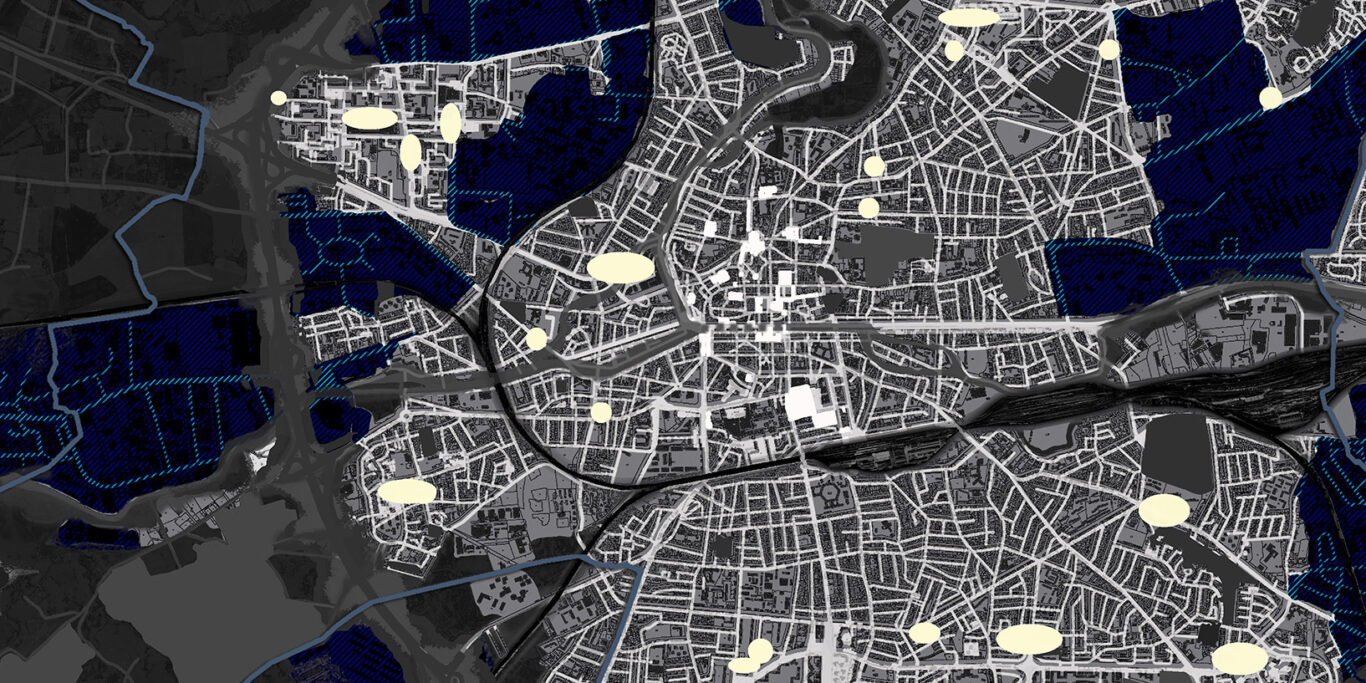 Rennes, Sdal, trame noire - planche 3 - En blanc : des zones vivantes la nuit. En noir : les zones naturelles ou agricoles. En bleu-violet : les zones de mutualisation © Concepto