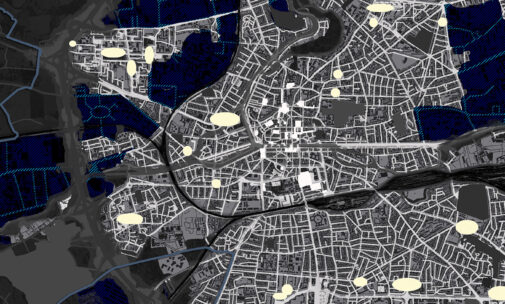 Rennes, Sdal, trame noire - planche 3 - En blanc : des zones vivantes la nuit. En noir : les zones naturelles ou agricoles. En bleu-violet : les zones de mutualisation © Concepto