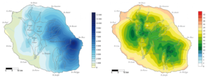 Carte de pluviométrie (en mm par an) et de température moyenne (en °C) de La Réunion