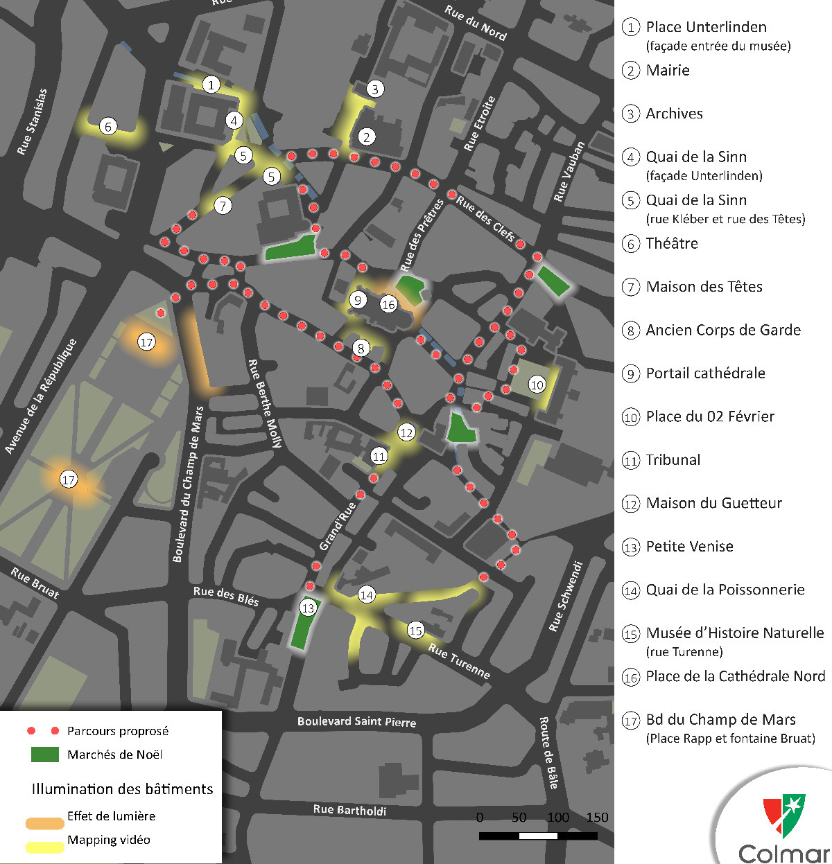 Carte du plan d'animation lumière, Colmar, France - Concepteur lumière : Vialis