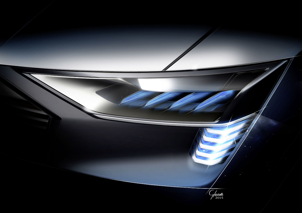 Dessin du concept de phare e-tron quattro pou voiture, faisceau matriciel, technologie OLED