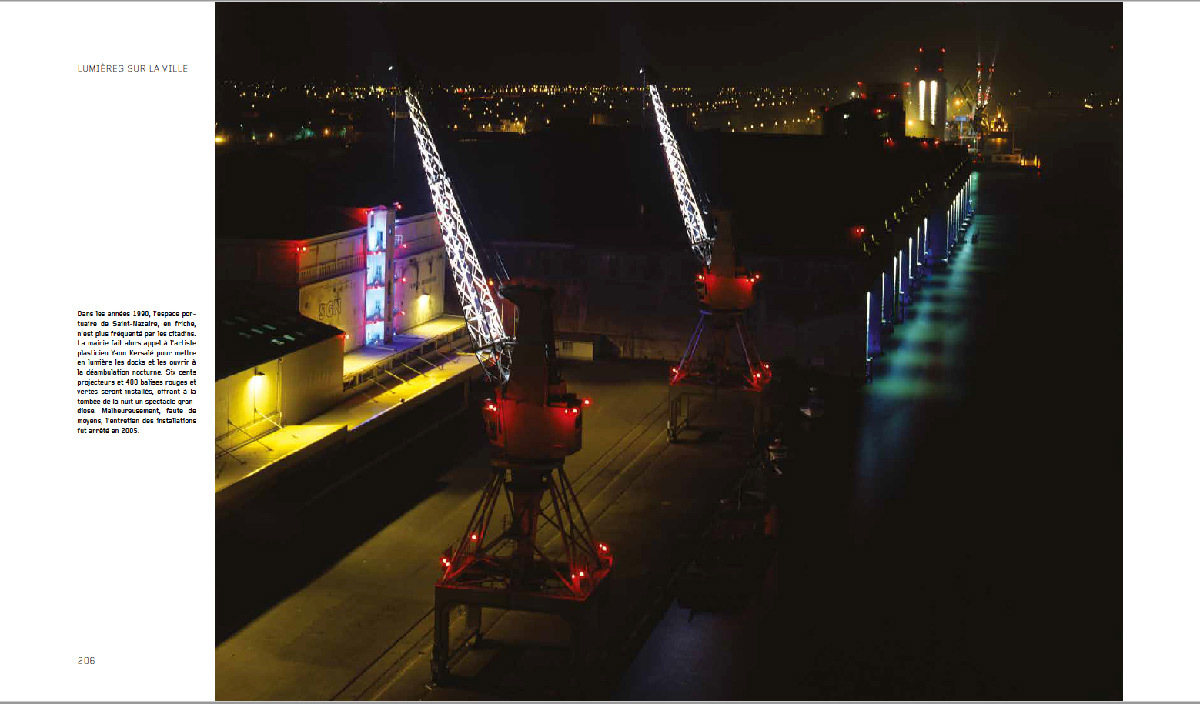 Lumières sur la ville, une histoire de l'éclairage urbain, de Agnès Bovet-Pavy - page de la Nuit des Docks à Saint-Nazaire de Yann Kersalé, 1991