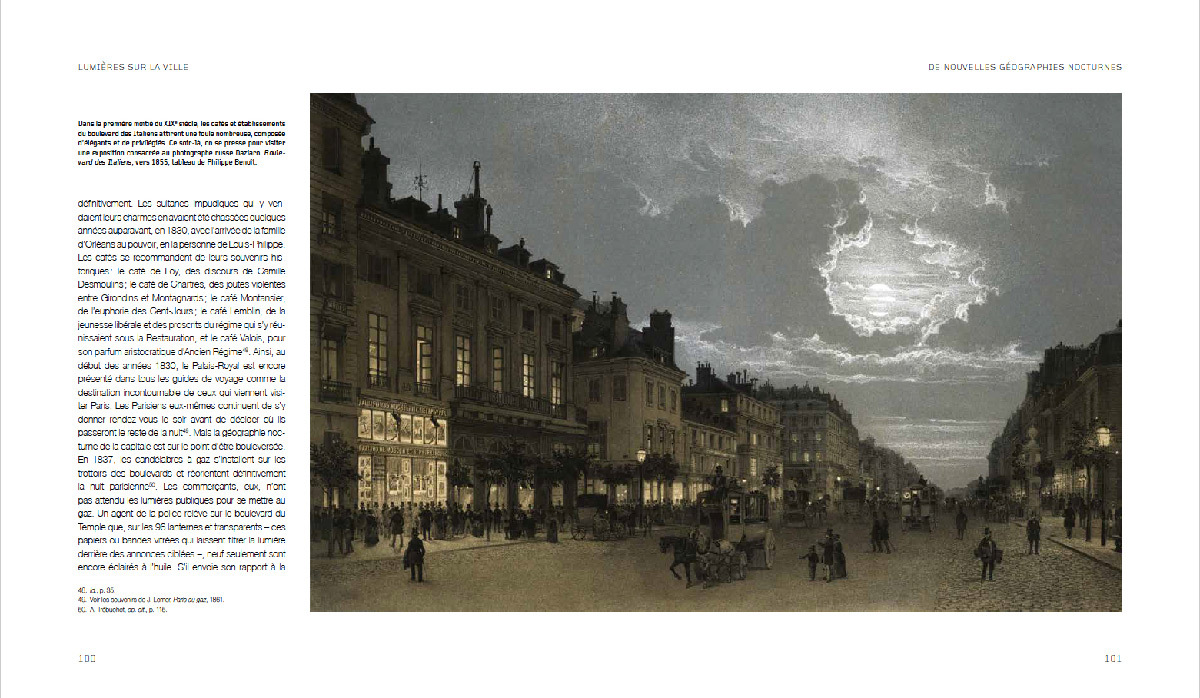 Lumières sur la ville, une histoire de l'éclairage urbain, de Agnès Bovet-Pavy - page Boulevard des Italiens, Paris, 1855
