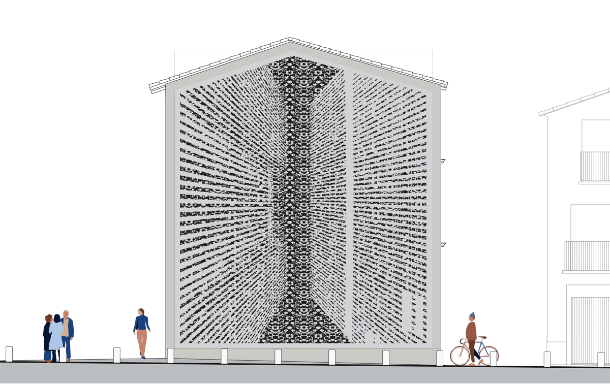 Élévation pignon des reliures, place Louis Rey, Lunel, France - Architecte urbaniste : Lebunetel + Associes - Graphiste : Eric Pol Simon © Lebunetel + Associés