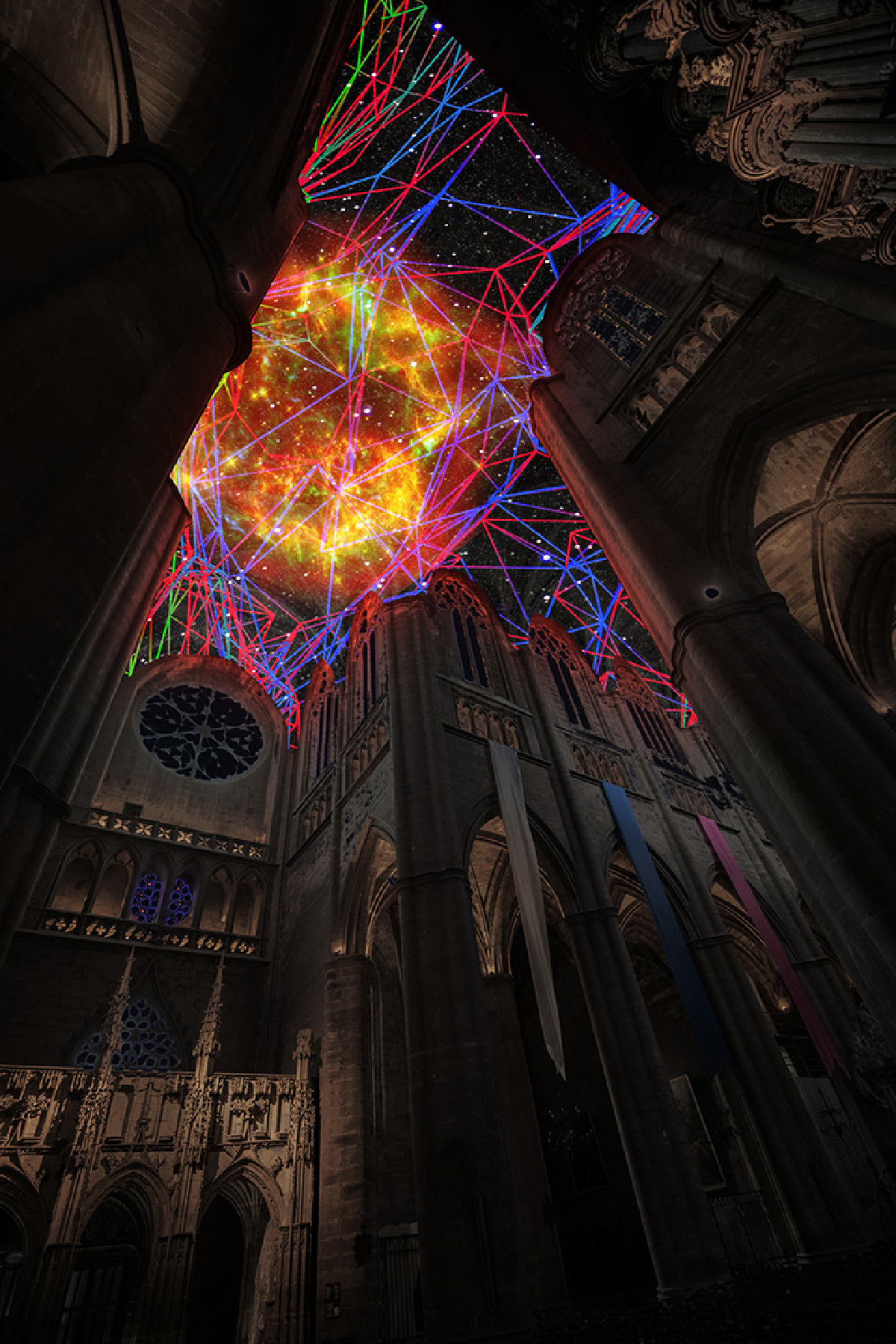 Miguel Chevalier, Digital Supernova - Simulation de la création IN SITU 2019 - cathédrale Notre-Dame de Rodez © Miguel Chevalier