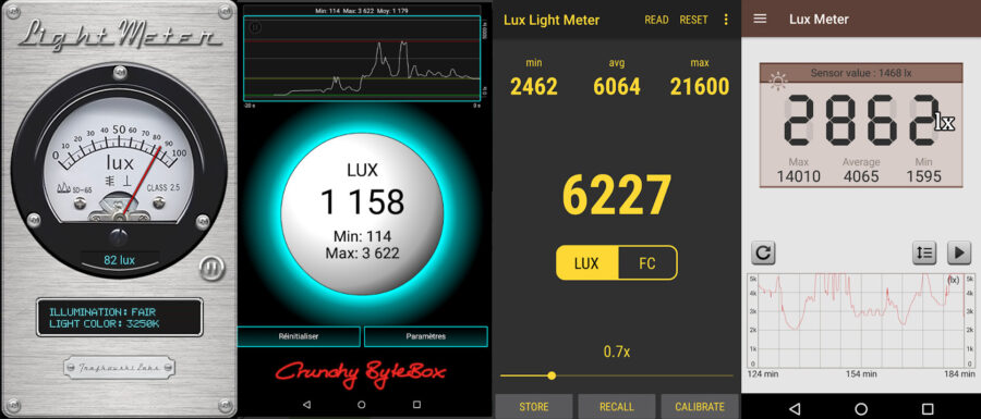 Mesurer la lumière, application Luxmètre - captures d'écran de téléphone portable Android, de gauche a droite © Light Meter, Luxmeter, Lux Light Meter, Smart Luxmeter
