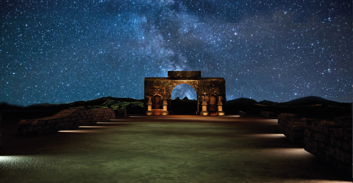Simulation lumière, arc de Caracalla, Volubilis, Maroc - Tifawine Light Contest, Illuminate, équipe 6 © Boutkida Hanane et Yazid Ben Chikh