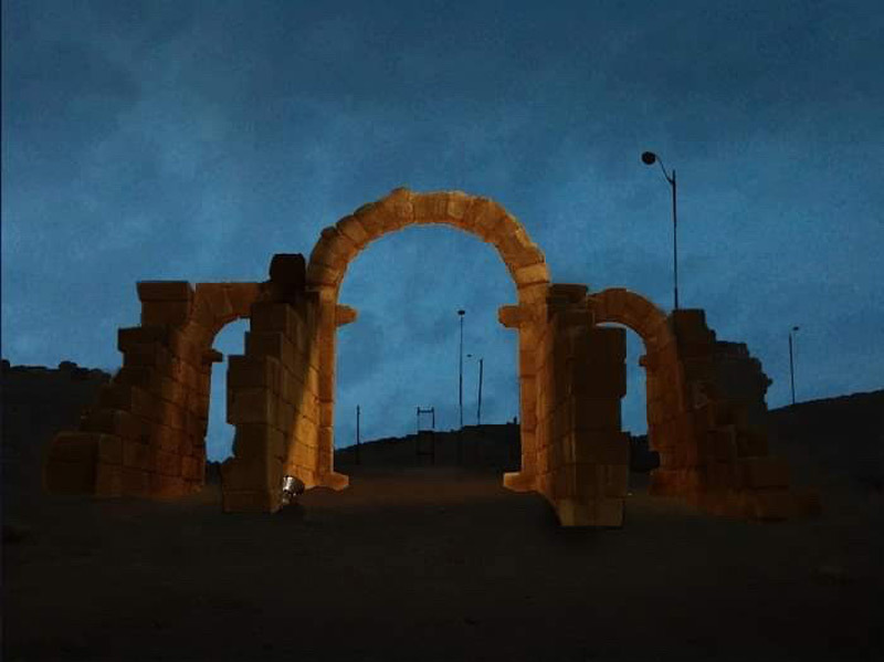 Simulation lumière, porte de Tanger, Volubilis, Maroc - Tifawine Light Contest, Illuminate, équipe 11 © Mehdi Chawki et Naoual Basma Koudia