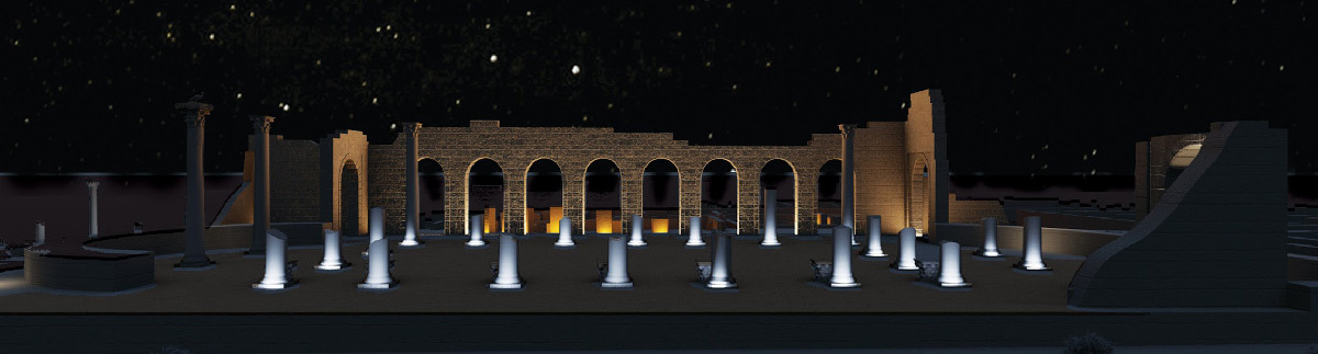 Simulation lumière, vue arrière de la Basilique, Volubilis, Maroc - Tifawine Light Contest, Illuminate, équipe 14 © Mahmoud Ramdane et Soukaina Kssili