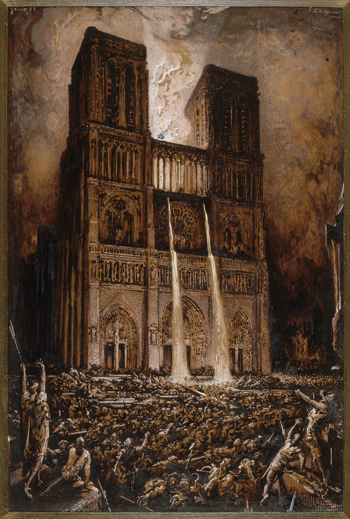 Attaque de Notre-Dame, dessin illustrant le roman de Victor Hugo, Notre-Dame de Paris