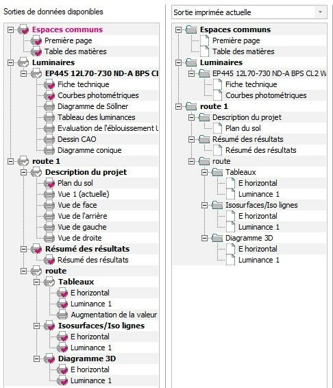 Extrait du module de configuration du rapport dans Relux Desktop (mode de sélection « à cocher » et insertion des données dans le rapport d’impression)