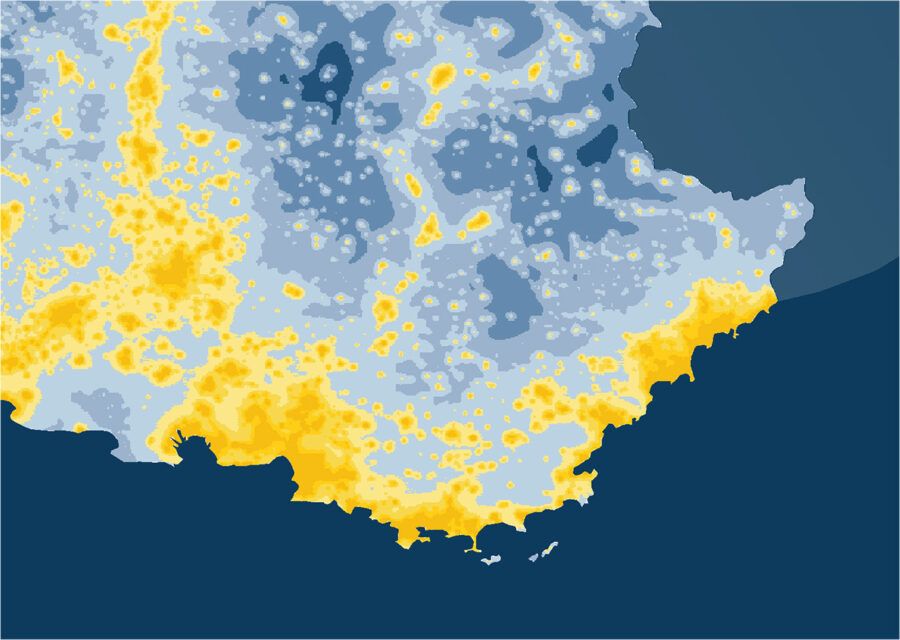 Carte de la pollution lumineuse en France métropolitaine