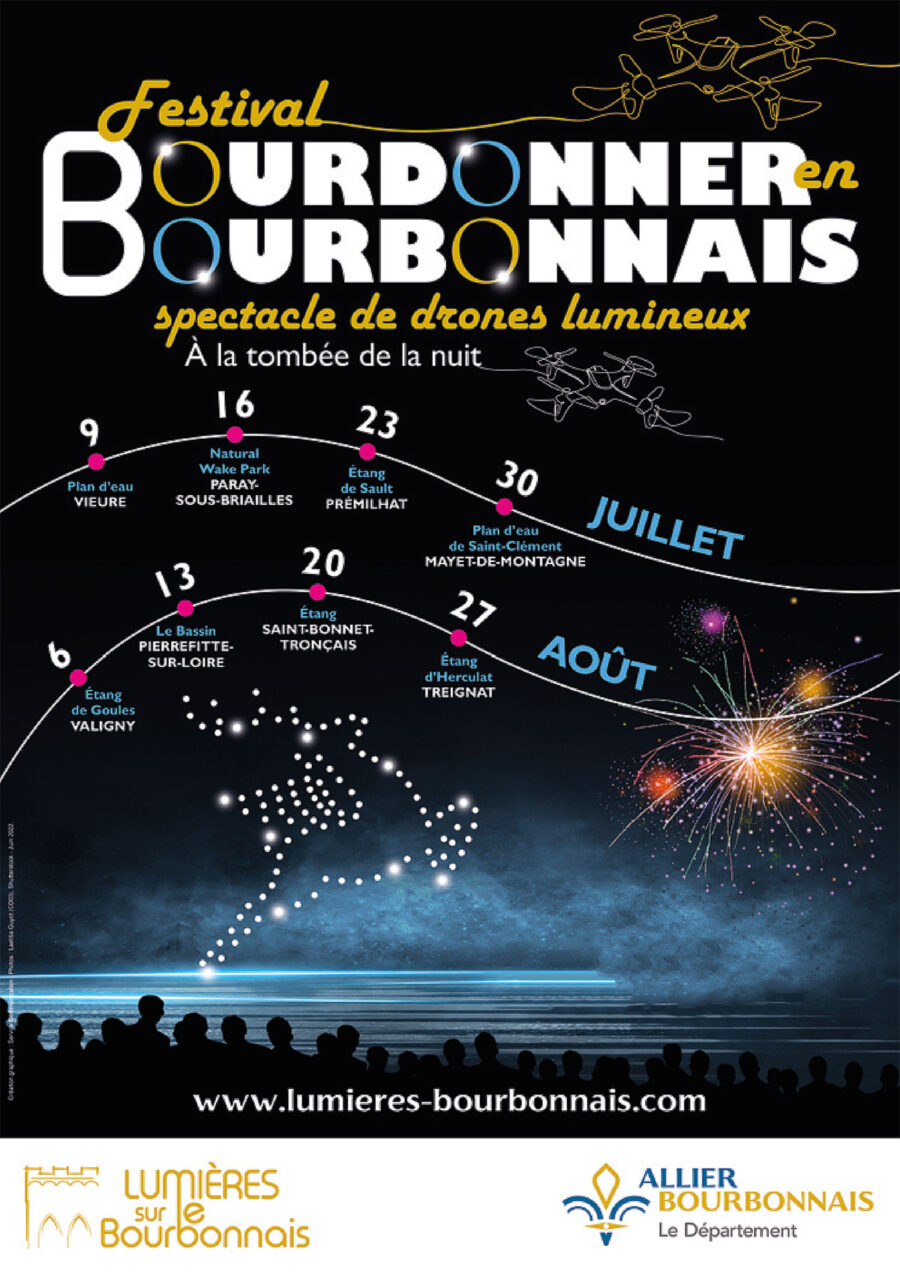 Bourdonner en Bourbonnais, spectacle de drones lumineux - affiche 2022 du département de l'Allier