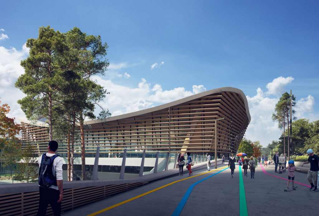Simulation 3D de la passerelle du Centre aquatique olympique, Saint-Denis, construit pour Paris 2024