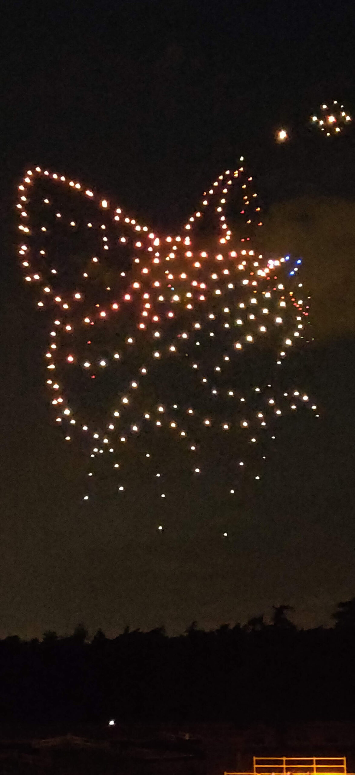 DroneArt Show Lyon, visage d'un renard en 3D avec 280 drones lumineux environ dans le ciel