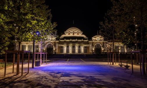 Parc des Sources, palais des congrès et arbres, Vichy - Conception lumière française