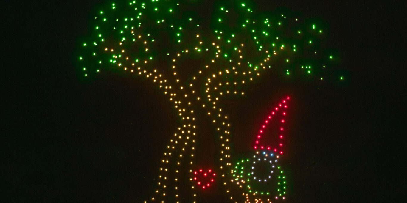 Bourdonner en Bourbonnais, Allier - Arbre de la forêt de Tronçais et lutin - Drones lumineux Dronisos, édition 2025 © CD03 - Léon Farine