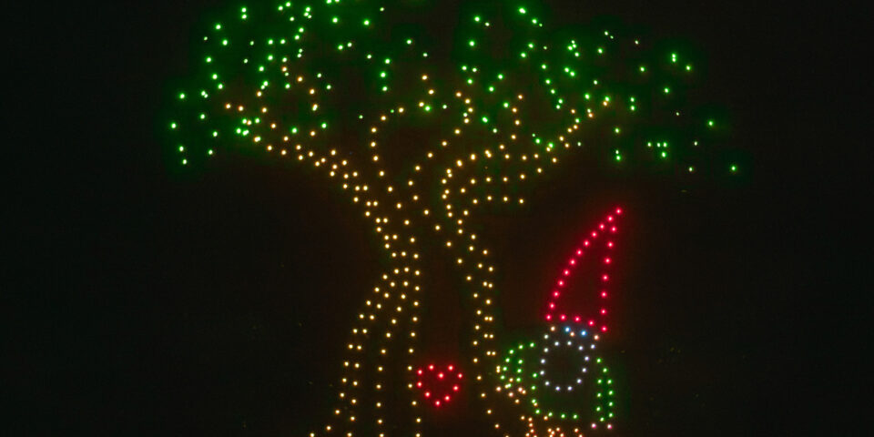 Bourdonner en Bourbonnais, Allier - Arbre de la forêt de Tronçais et lutin - Drones lumineux Dronisos, édition 2025 © CD03 - Léon Farine
